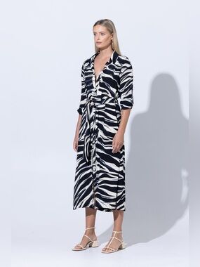 LUSANA Cedar Midi Dress Black Bamboo Zebra Print Size 4